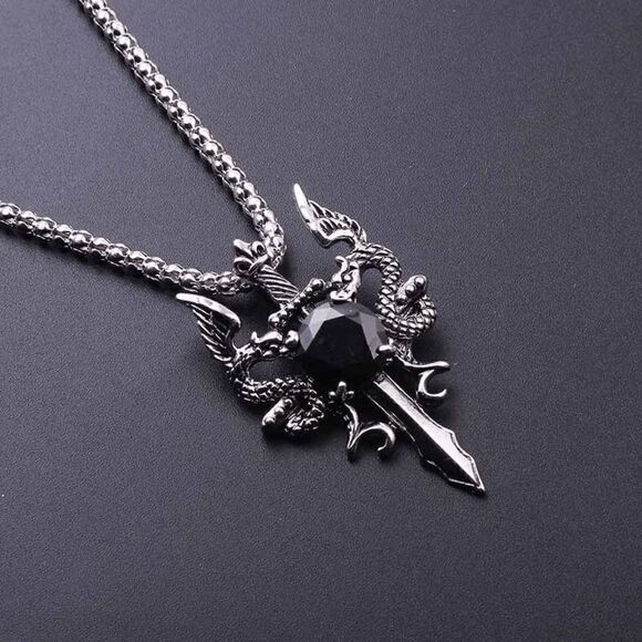 STAINLESS STEEL BLACK DIAMOND TWIN DRAGON CROSS SWORD NECKLACE - Picture 6 of 7